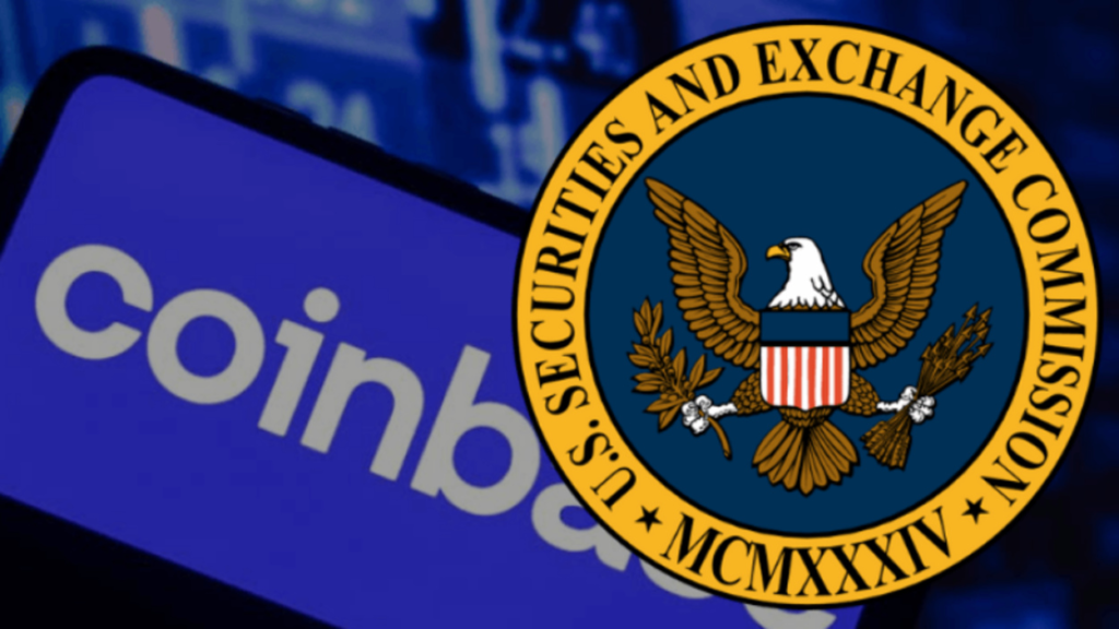 Coinbase logo displayed on a smartphone screen with the U.S. Securities and Exchange Commission (SEC) seal overlaid in the foreground.
