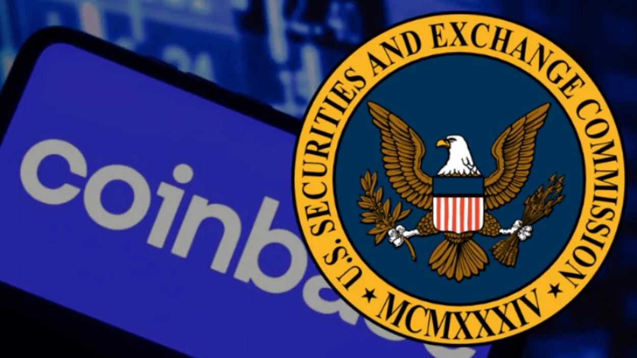 Logotipo de Coinbase mostrado en la pantalla de un teléfono inteligente con el sello de la Comisión de Bolsa y Valores de Estados Unidos (SEC) superpuesto en primer plano.