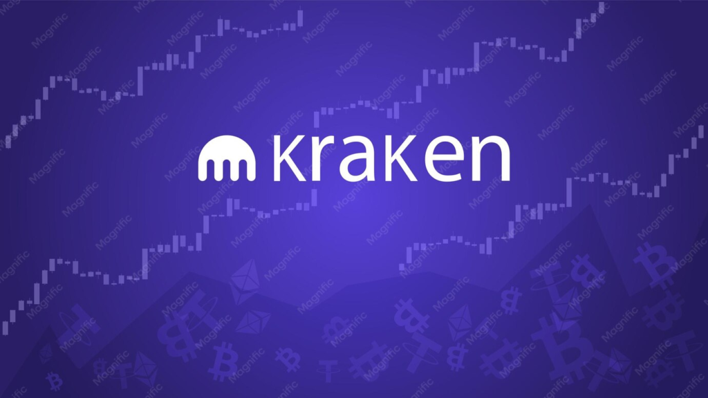 Kraken logo displayed prominently on a purple background featuring faint cryptocurrency price charts and digital asset icons.