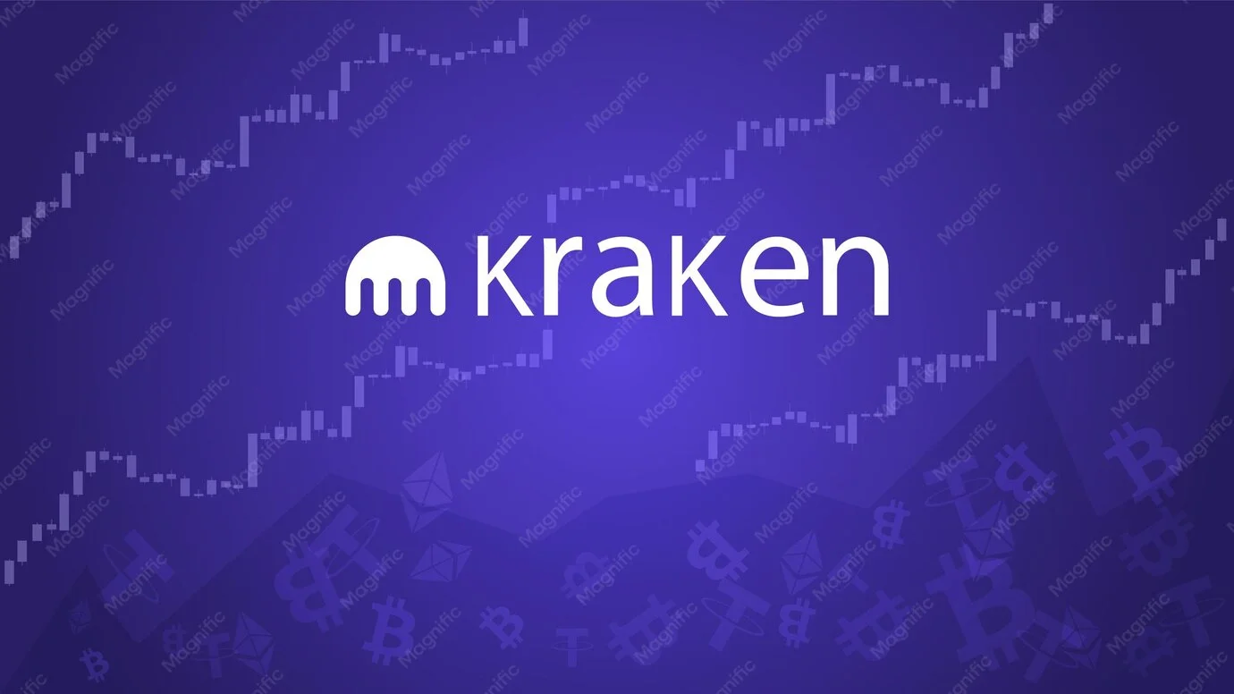 El logotipo de Kraken se muestra de forma destacada sobre un fondo morado con gráficos de precios de criptomonedas e iconos de activos digitales poco visibles.