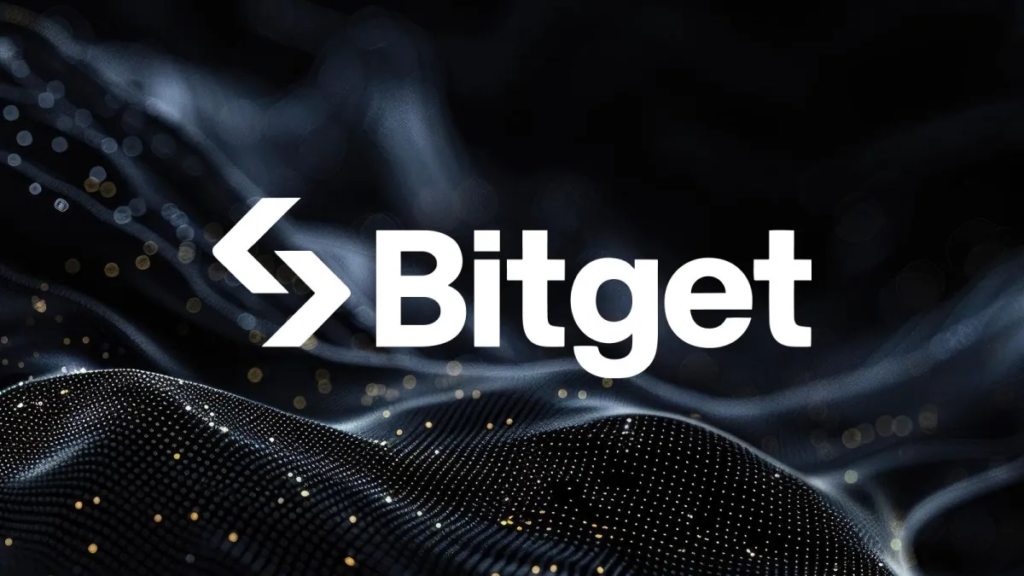 Bitget logo displayed prominently against a dark, abstract digital background featuring flowing wave-like patterns and glowing particles.