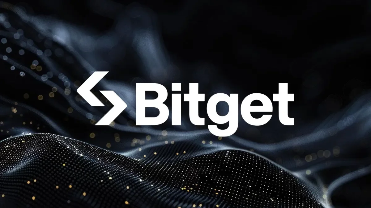 Bitget logo displayed prominently against a dark, abstract digital background featuring flowing wave-like patterns and glowing particles.