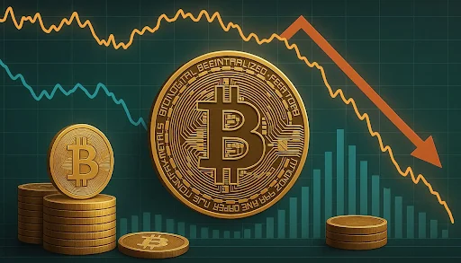 A gold Bitcoin coin positioned in front of a financial chart showing a sharp downward trend.