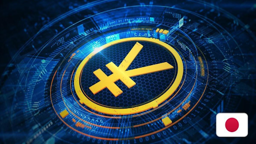 Stylized digital illustration of the Japanese yen (Â¥) symbol inside a glowing blue and gold circular interface, surrounded by futuristic blockchain and network graphics. A small Japanese flag appears in the bottom-right corner, symbolizing Japan's digital finance, cryptocurrency, or blockchain ecosystem.