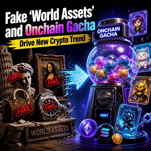 Graphic titled “Fake ‘World Assets’ and Onchain Gacha Drive New Crypto Trend,” showing fake luxury goods and artworks alongside a colorful onchain gacha machine with digital collectible characters.