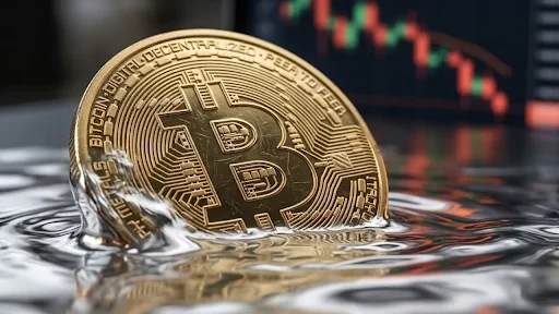 Bitcoin coin partially submerged in water with a cryptocurrency price chart in the background.