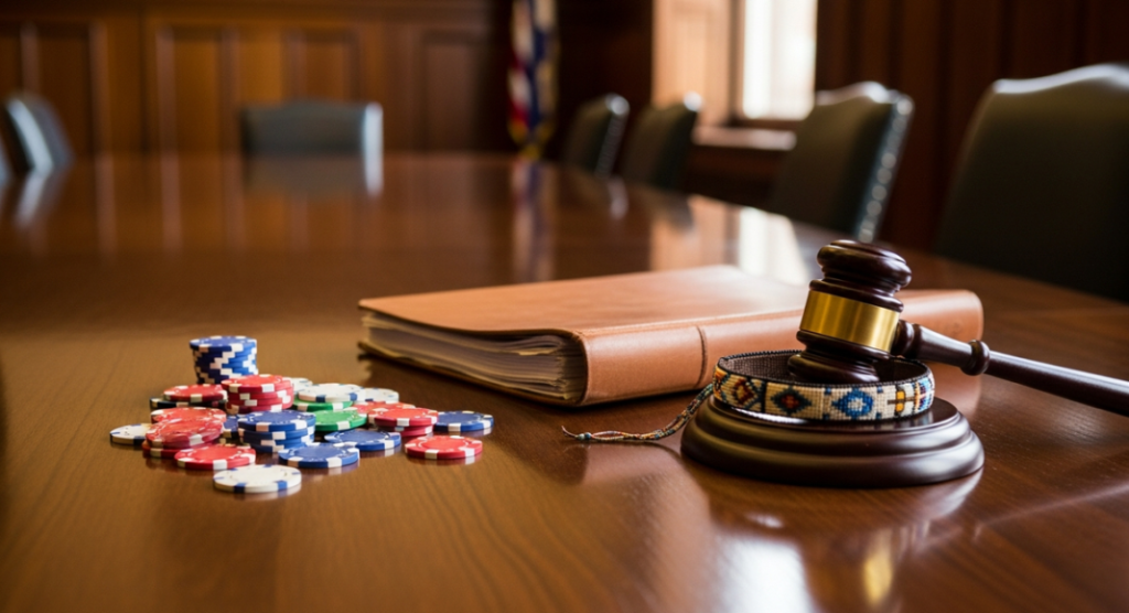 A wooden judge’s gavel and law book on a conference table beside scattered poker chips, symbolizing gambling regulation, legal oversight, and gaming policy.