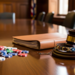Tribal regulators, senators push prediction markets provision in Clarity Act A wooden judge’s gavel and law book on a conference table beside scattered poker chips, symbolizing gambling regulation, legal oversight, and gaming policy.