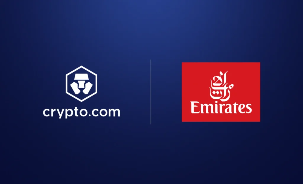 Crypto.com and Emirates logos displayed side by side on a dark blue background, separated by a vertical line.