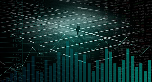 Financial market charts, numerical data, and bar graphs overlaid on an empty parking lot with a lone figure.