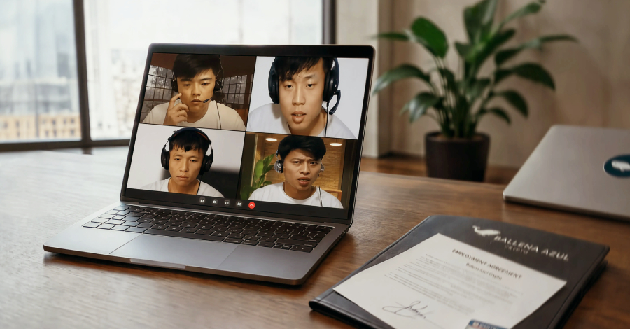 A laptop displaying a video conference with four participants wearing headsets, beside a signed document on a desk.