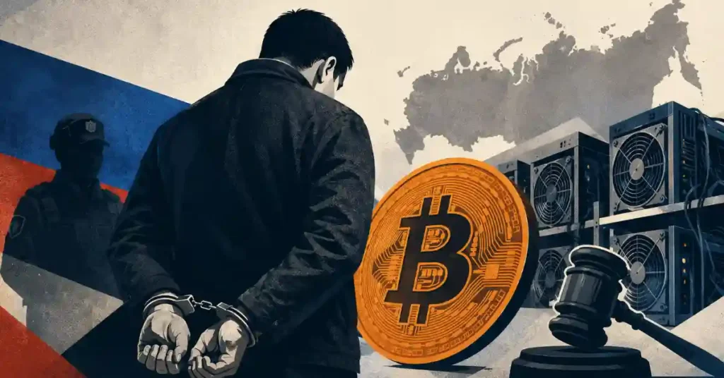 Illustration of a handcuffed man viewed from behind beside a large gold Bitcoin coin, cryptocurrency mining rigs, and a judge's gavel.