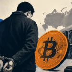 Illustration of a handcuffed man viewed from behind beside a large gold Bitcoin coin, cryptocurrency mining rigs, and a judge's gavel.