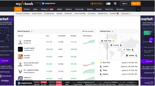Myfxbook 网页显示网页内容和操作按钮