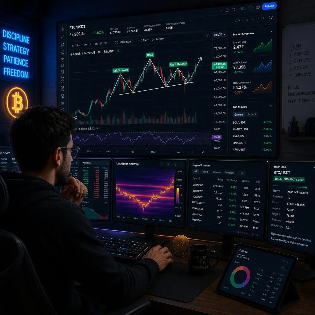 A crypto trader staring at crypto chart on multiple screens