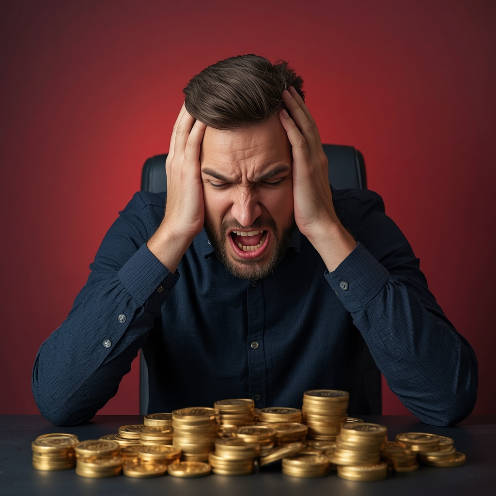 An angry crypto trader with physical gold coins littered on his table.