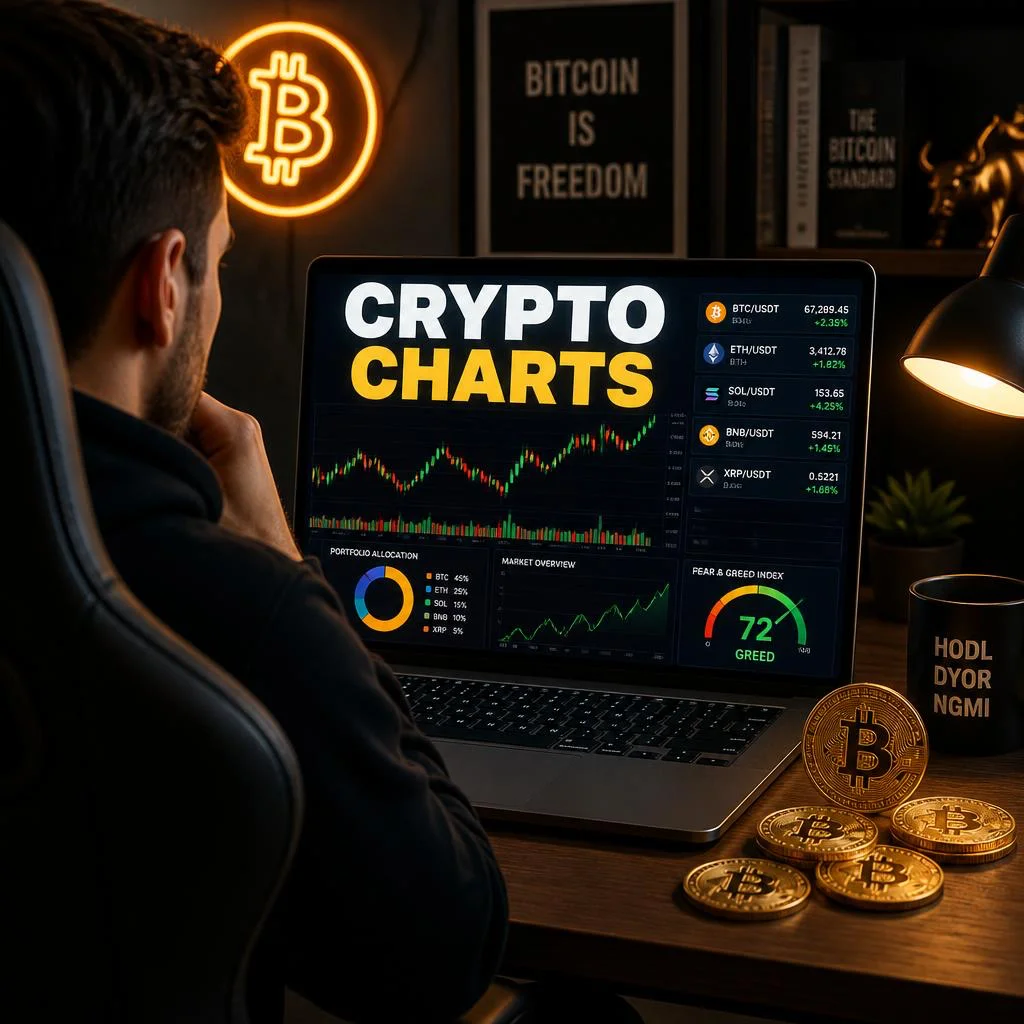 A crypto trader staring at a crypto chart with physical Bitcoin coins littered on the desk.
