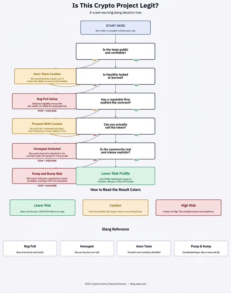 Infographics explaining the slang warning decision tree that'll determine how legit a crypto project is, with green representing lower risk, yellow representing caution, and red representing high risk