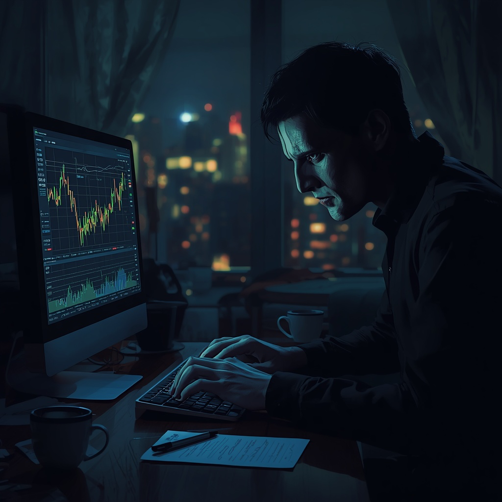 A crypto trader trading at night
