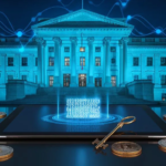 IRS Warns Crypto Holders of Fake Letters Targeting Digital Assets A stylized illustration of a neoclassical government building illuminated in blue, with glowing digital network lines above it.