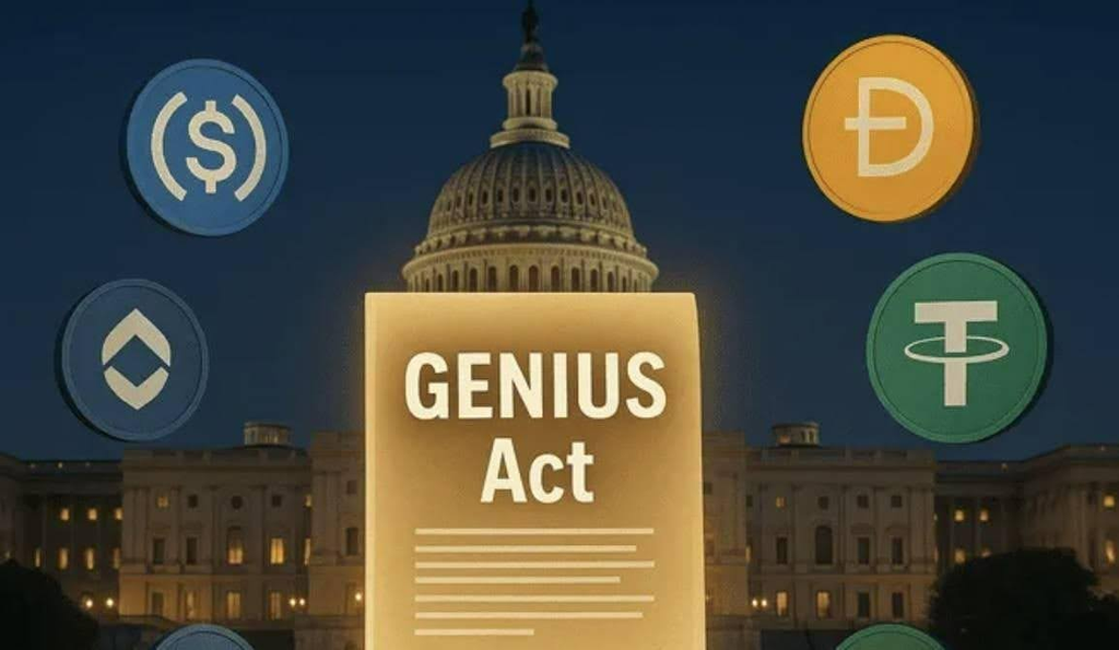 GENIUS Act document displayed in front of the U.S. Capitol, surrounded by symbols representing major stablecoins.