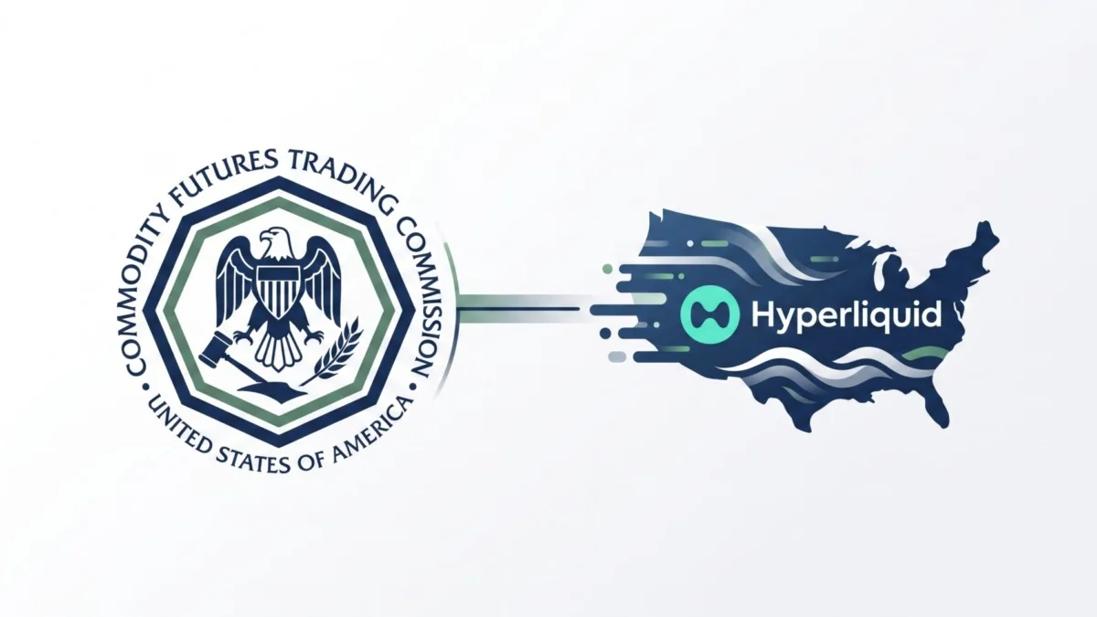 CFTC seal alongside the Hyperliquid logo over a U.S. map, representing potential U.S. regulatory involvement with Hyperliquid.