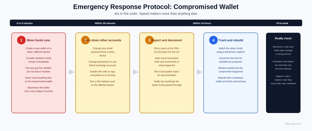 Infographics explaining what to do once you find out your wallet has been compromised, labeled emergency response protocol