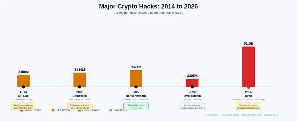 Infographics explaining major crypto hacks from 2014 to 2026, with bar charts displaying amount stolen and colour buttons in red, orange, green, and grey in order of severity, which is noted as if the funds were recovered or not