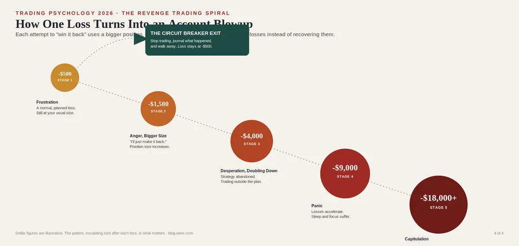 Infographics explaining how one loss can turn into an account blowup due to emotions like frustration, anger, desperation, and panic, which could lead to capitulation and losing funds