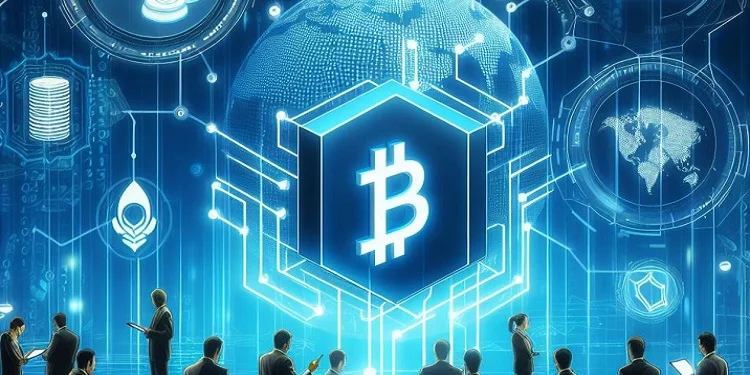A futuristic digital illustration showing a large Bitcoin symbol inside a glowing hexagonal structure, surrounded by blockchain networks, financial technology icons, a digital globe, and people viewing the display.