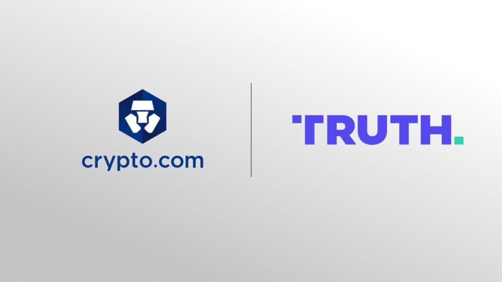 Crypto.com and TRUTH logos displayed side by side on a light gray background, separated by a vertical line.