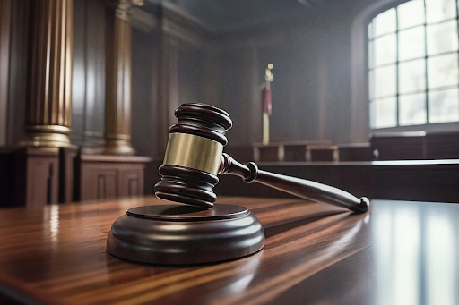 A wooden judge's gavel resting on its base on a polished courtroom table.