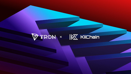 TRON and KiiChain logos displayed together on a futuristic purple and blue geometric background.