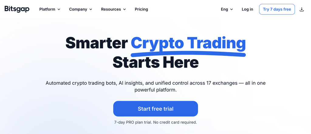 Bitsgap webpage shows the tagline “Smarter Crypto Trading Starts Here,” with “Try 7 days free,” and “Start free trial” action buttons.