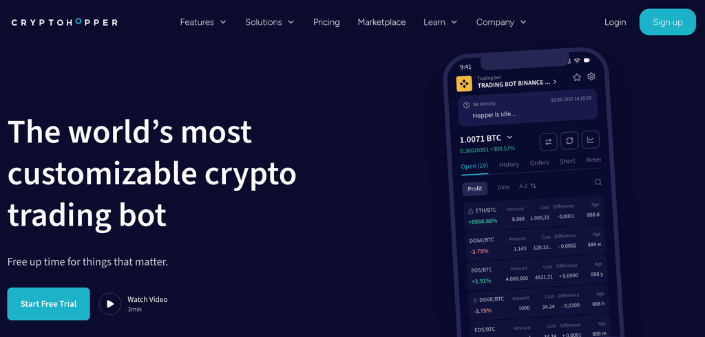 Cryptohopper webpage displays illustrated mobile phone with trading charts and “sign up,” "Login," and “Start Free Trial” action buttons, with the tagline “The world’s most customizable crypto trading bot.”