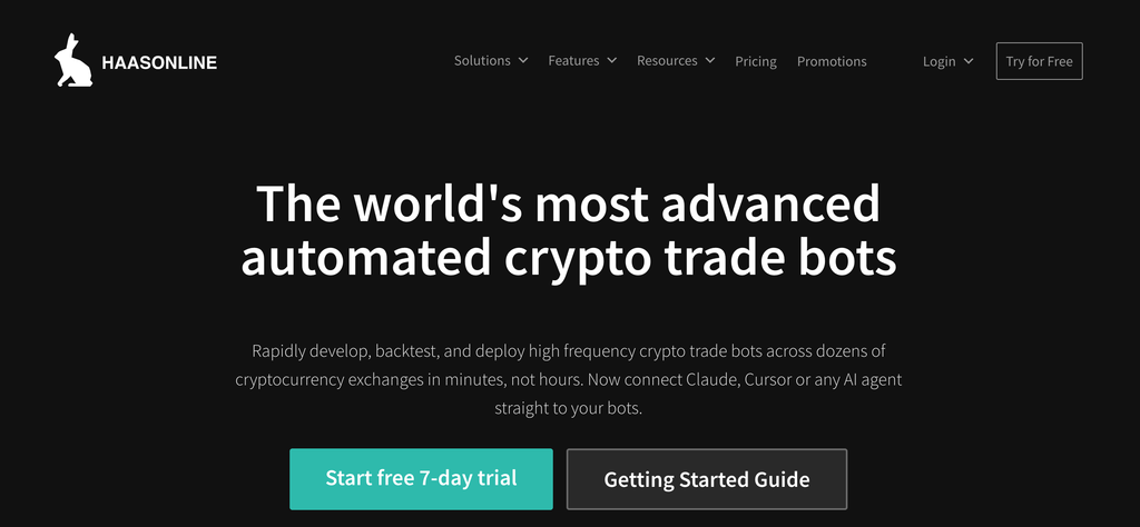 Haasonline webpage displays the tagline “The world’s most advanced automated crypto trade bots,” with “Start free 7-day trial” and “Getting Started Guide” action buttons.