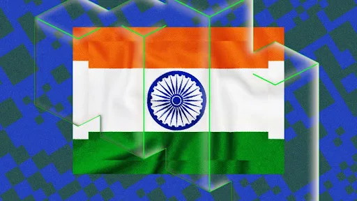 Indian national flag displayed within a digital blockchain-themed graphic, representing India’s cryptocurrency and digital asset sector.