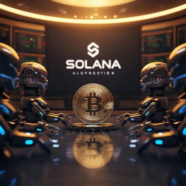 Multiple physical AI bots and a Bitcoin token in a Solabs room.