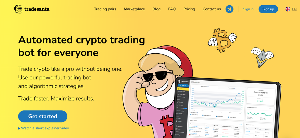 Tradesanta webpage shows illustrated Santa holding a chart screen and “Sign up” and “Get Started” action buttons, with the tagline “Automated crypto trading bot for everyone.”