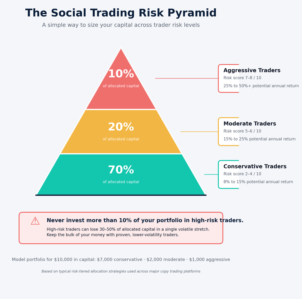  Les infographies présentent la pyramide des risques du trading social, indiquant le pourcentage de capital alloué aux traders agressifs, modérés et conservateurs, avec un avertissement d'investissement pour un risque de 10 % ou moins.&nbsp;