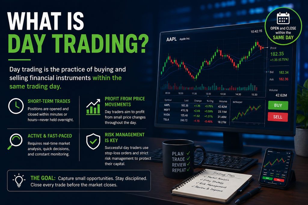 day trading vs swing trading; Image showing the definition of “day trading”
