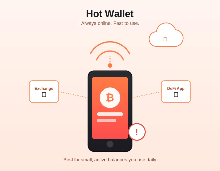 Infographie expliquant les portefeuilles en ligne, montrant un smartphone connecté à une plateforme d'échange et à une application DeFi, étiquetée comme étant la meilleure pour les petits soldes actifs quotidiens.&nbsp;