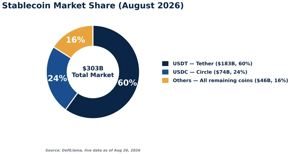 Donut chart showing 2026 stablecoin market share by dollar value. Tether USDT holds 60 percent at 183 billion dollars, USD Coin USDC holds 24 percent at 74 billion dollars, and all other stablecoins combined make up the remaining 16 percent, totaling 46 billion.