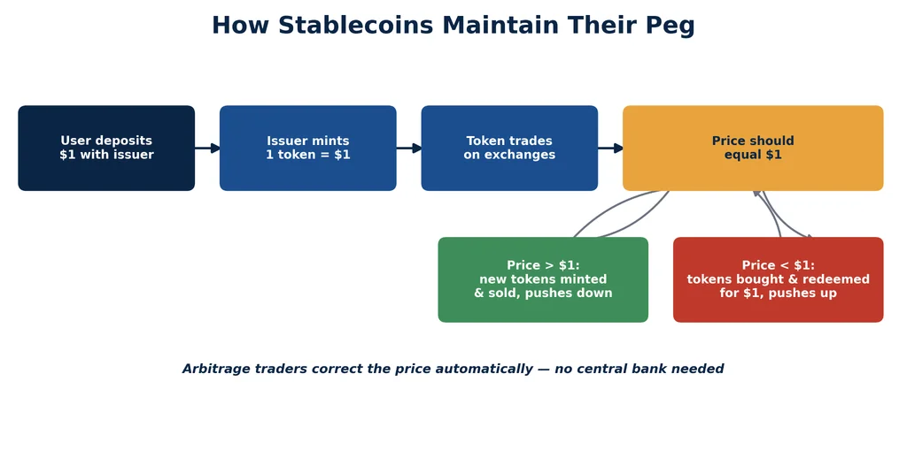 Flowchart illustrating the stablecoin peg mechanism. A user deposits one dollar, the issuer mints one token, the token trades on exchanges, and arbitrage traders correct any price drift above or below one dollar by minting new tokens or redeeming existing ones for cash.