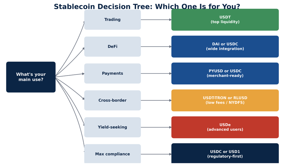 decision tree helping readers choose a stablecoin based on their goal. Branches cover trading, DeFi, payments, cross-border transfers, yield-seeking, and maximum regulatory compliance, each pointing to a recommended coin like USDT, DAI, PYUSD, RLUSD, USDe, or USDC.