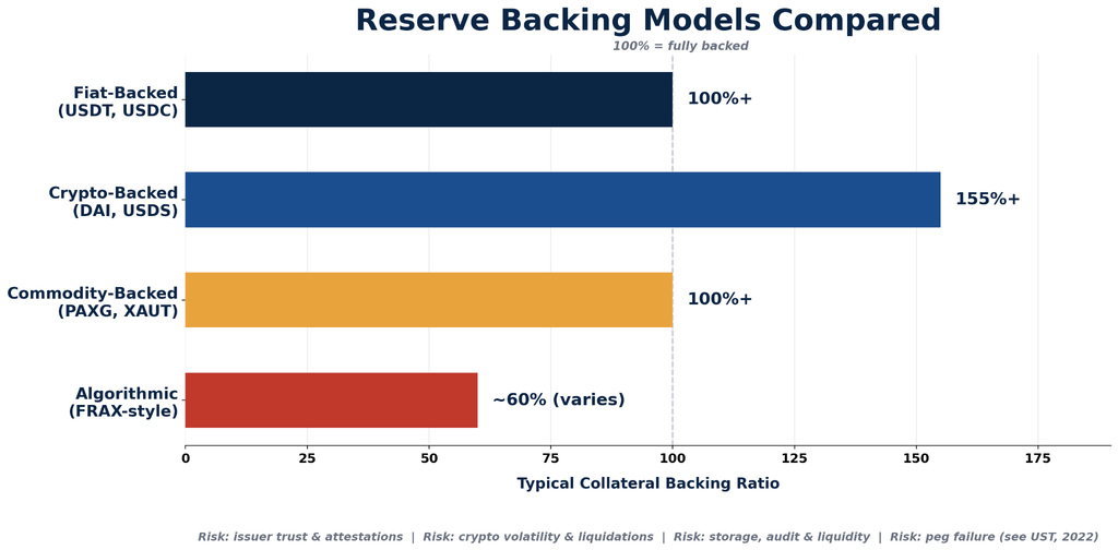 bar chart comparing typical collateral ratios across four stablecoin reserve models: fiat-backed at 100 percent, crypto-backed at over 155 percent, commodity-backed at 100 percent physical gold, and algorithmic at roughly 60 percent with higher peg-failure risk.