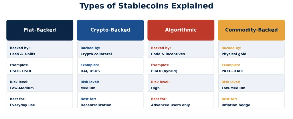 Four-column comparison chart of stablecoin types: fiat-backed, crypto-backed, algorithmic, and commodity-backed. Each column lists what backs the coin, real-world examples, its typical risk level, and who it best suits, from everyday spending to advanced DeFi users.