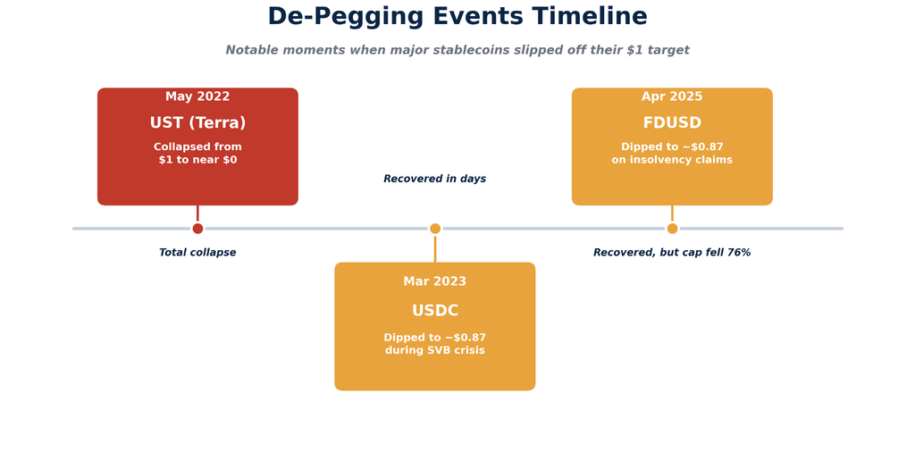 decision tree helping readers choose a stablecoin based on their goal. Branches cover trading, DeFi, payments, cross-border transfers, yield-seeking, and maximum regulatory compliance, each pointing to a recommended coin like USDT, DAI, PYUSD, RLUSD, USDe, or USDC.