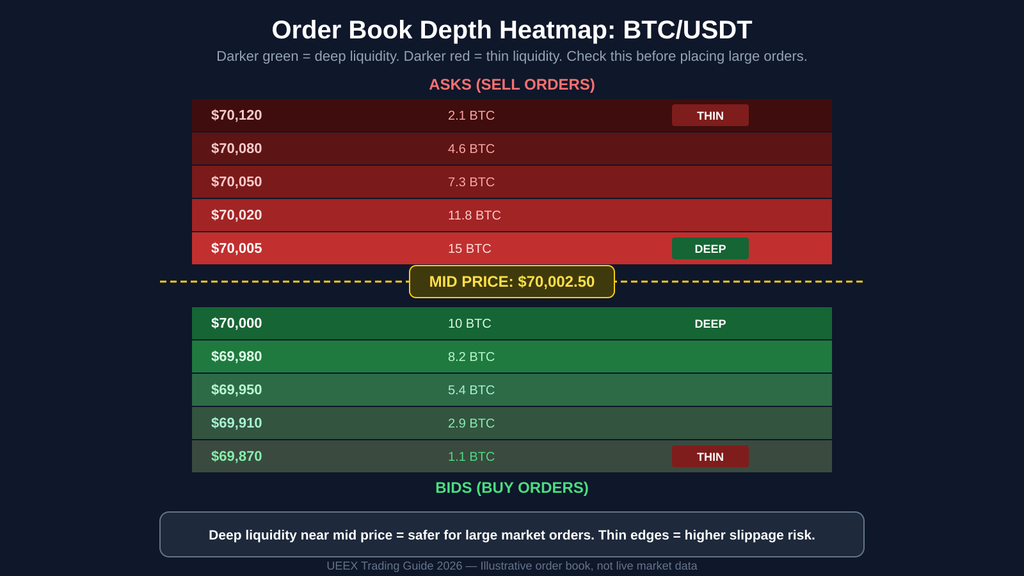 Color-coded BTC/USDT order book showing sell orders (asks) above the mid price and buy orders (bids) below it. Deep green and red bands mark thick liquidity near the mid price, while lighter shades mark thin liquidity at the edges.