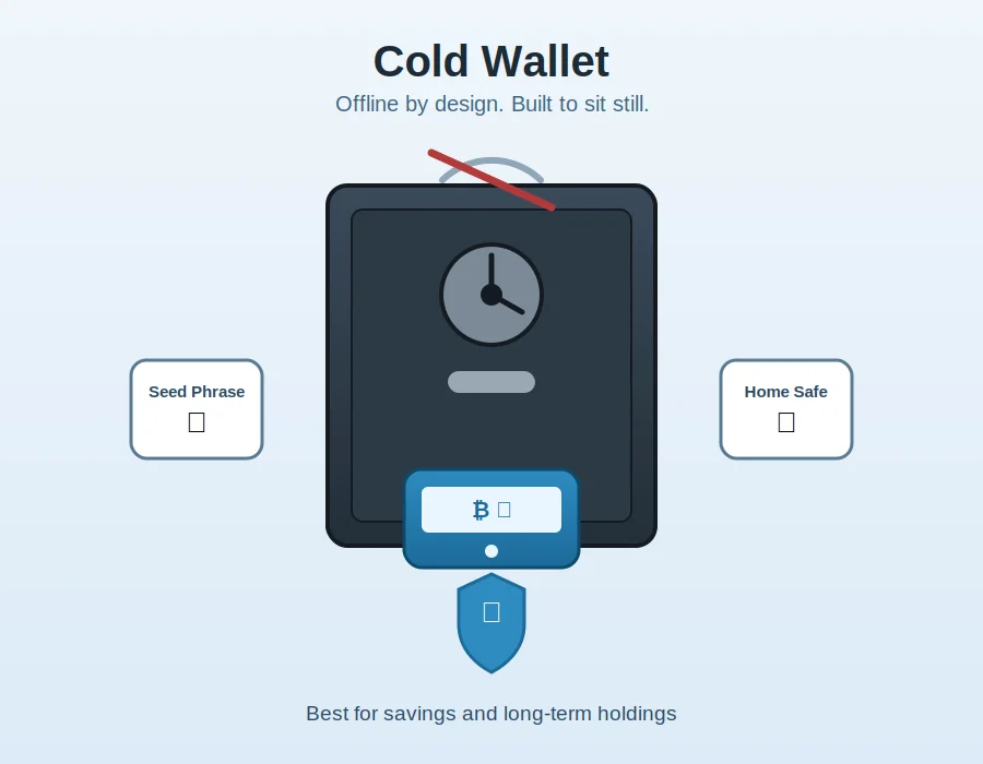 Infographie décrivant les portefeuilles froids&nbsp;; elle représente un coffre-fort contenant des bitcoins entre une phrase de récupération et un bouton de retour au coffre-fort, avec la mention «&nbsp;idéal pour l’épargne et les investissements à long terme&nbsp;».